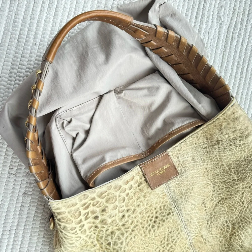 Olivia Harris Joy Gryson Leather Hobo Cream Gold Exotic Bag OS